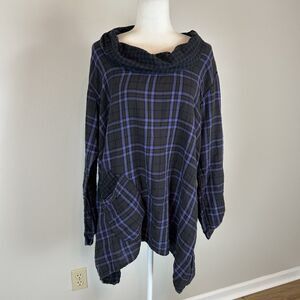 IRIDIUM 2X Purple Reversible Lagenlook Tunic Top Blouse Funky Plaid Black Grunge